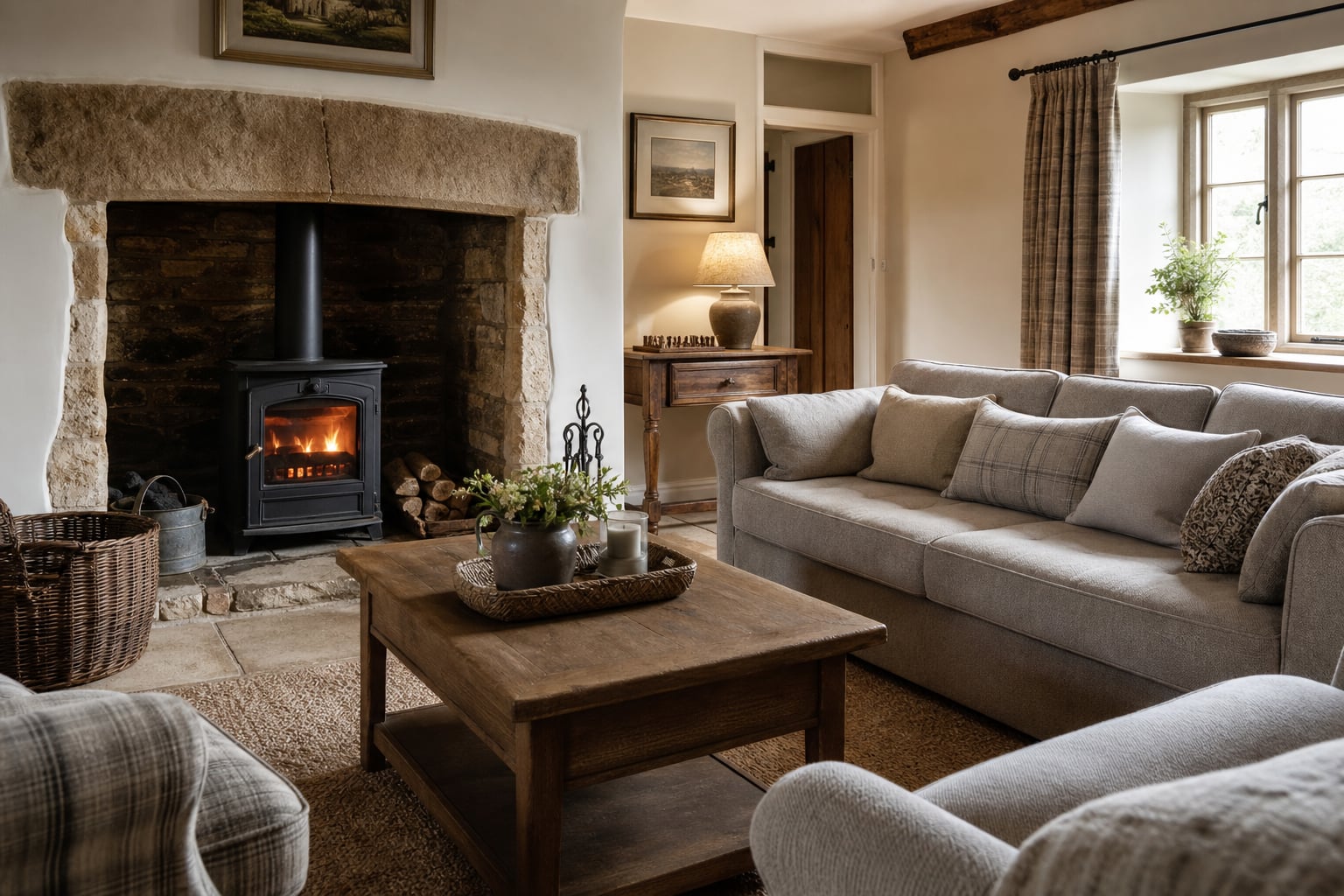 Warm Cotswold cottage sitting room with stone fireplace