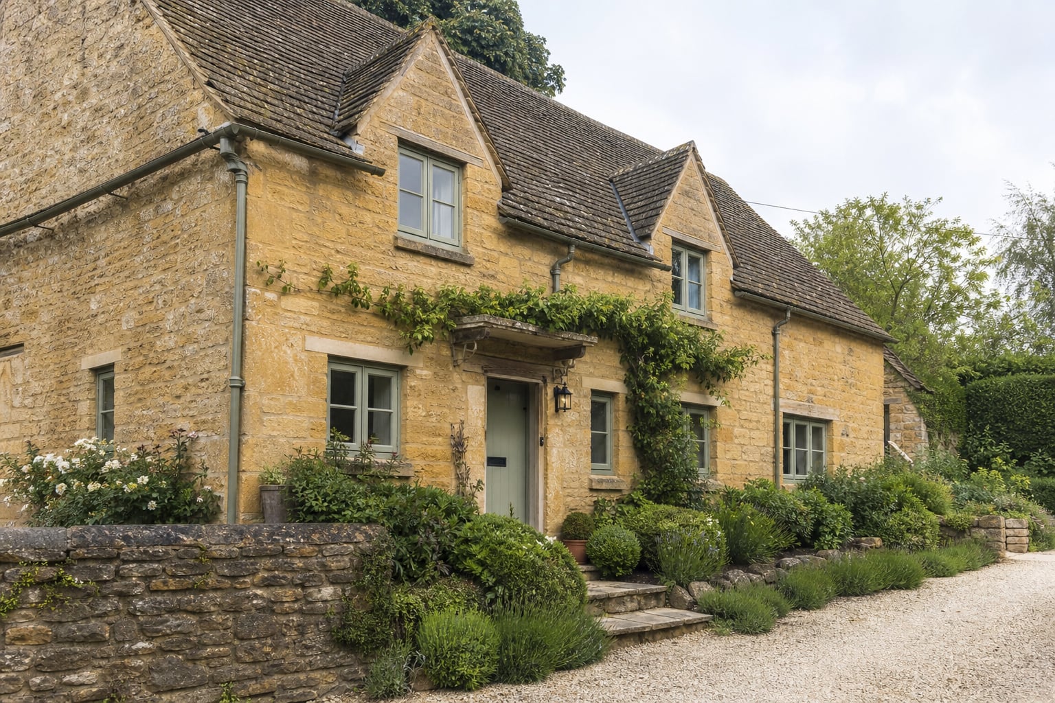 Honey limestone Cotswold cottage exterior in soft daylight