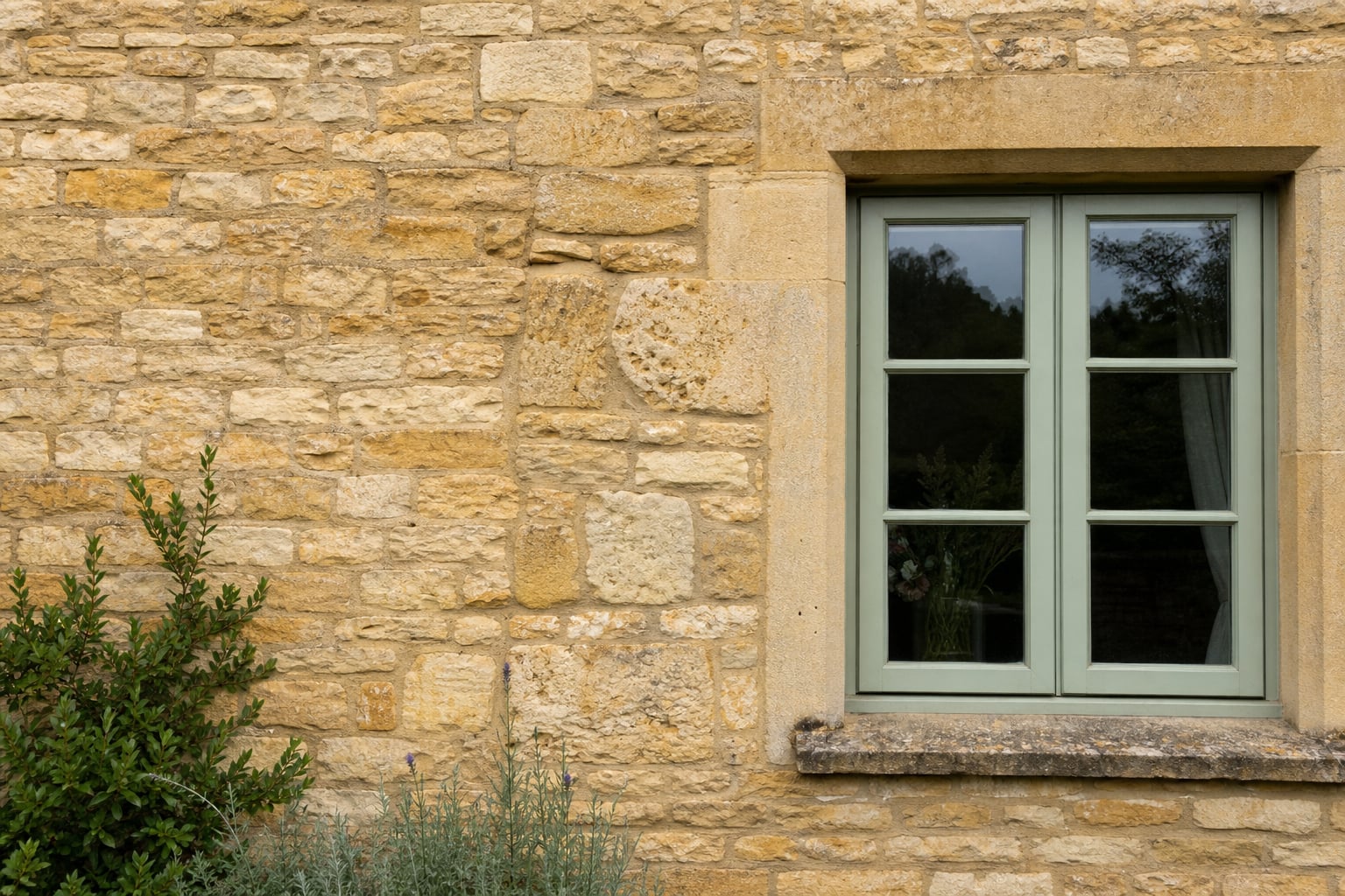 Detail of Cotswold limestone wall and window in soft light