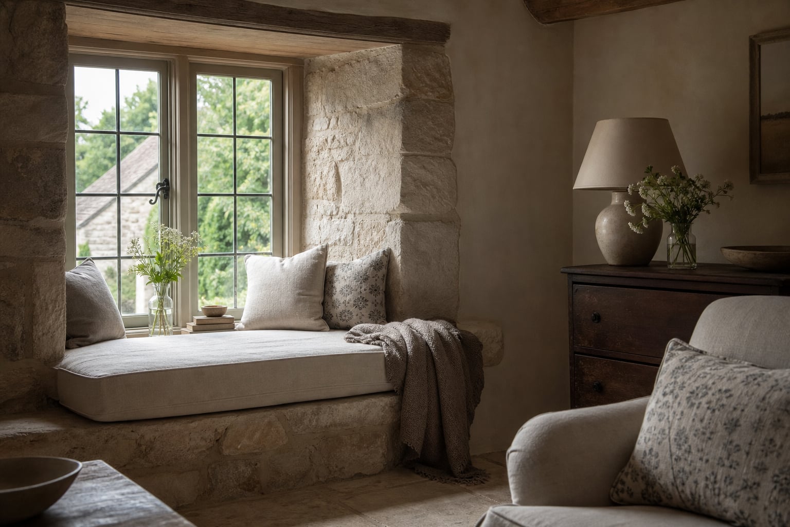 Soft greige interior in a period Cotswold cottage