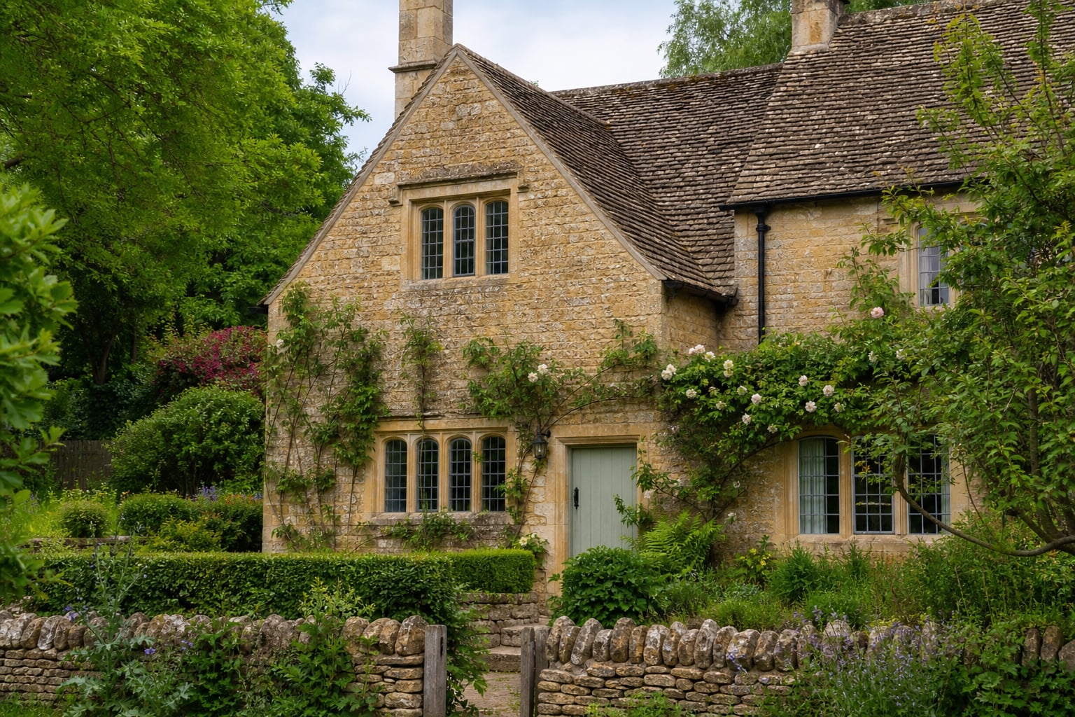 Period Cotswold cottage with mullioned windows and stone mullions