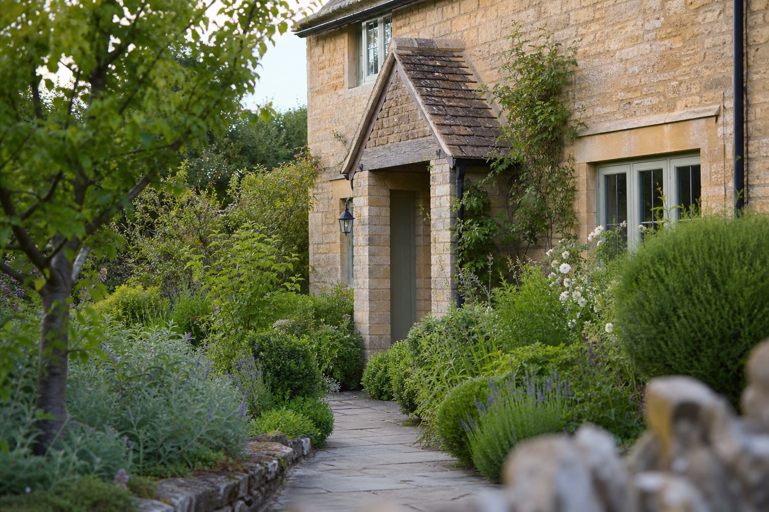 Garden path leading to a Cotswold cottage porch