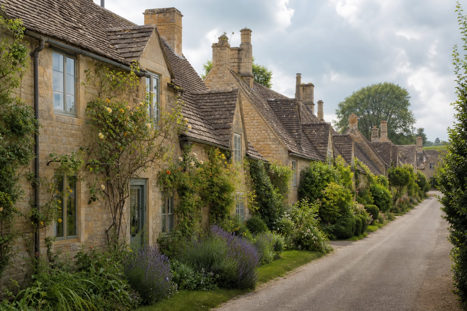 Row of Cotswold stone cottages along a quiet lane