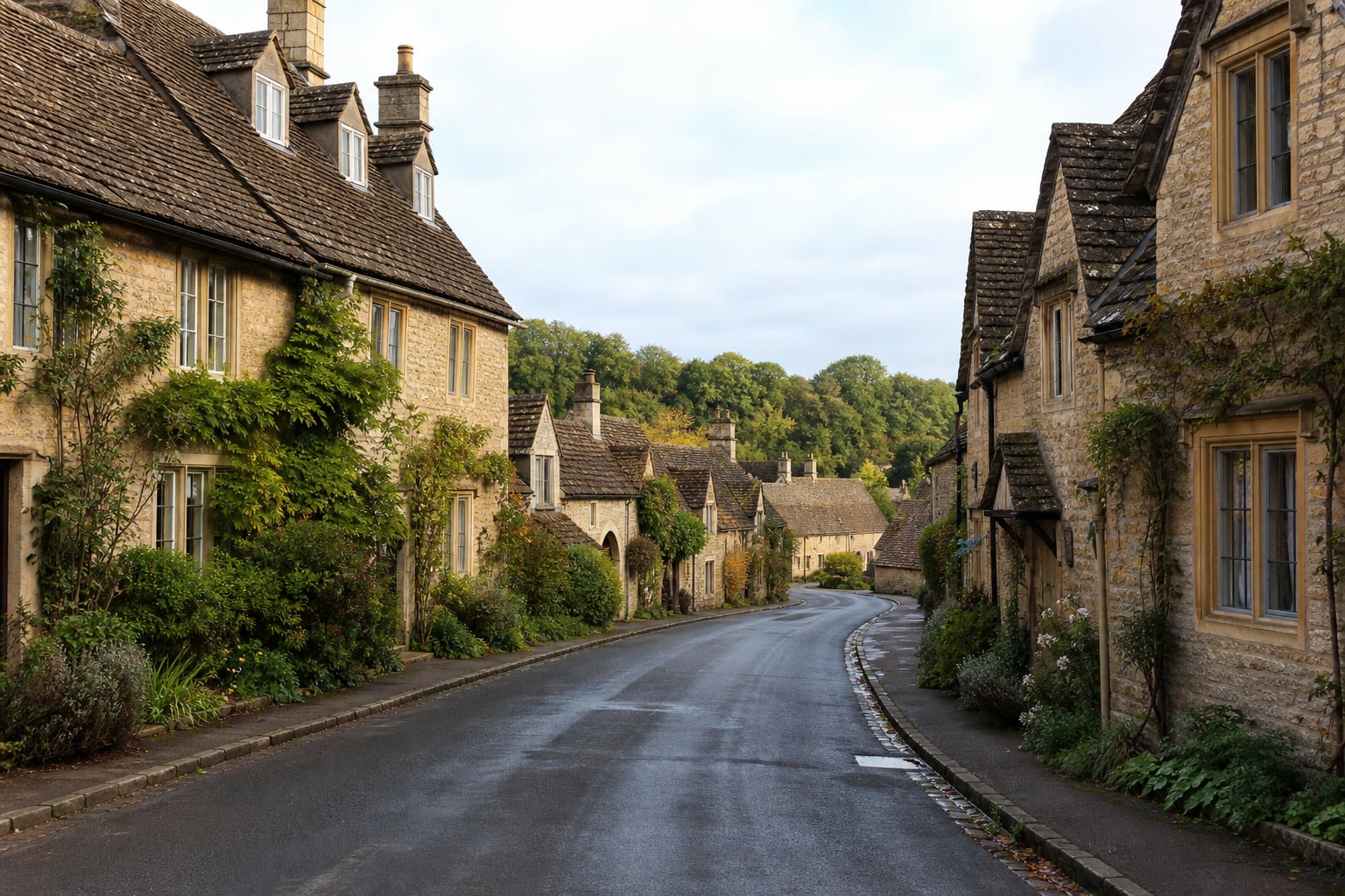 Quiet Cotswold village street of honey stone cottages