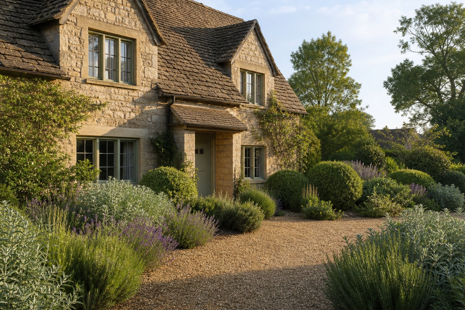 Cotswold stone cottage façade with soft sage planting