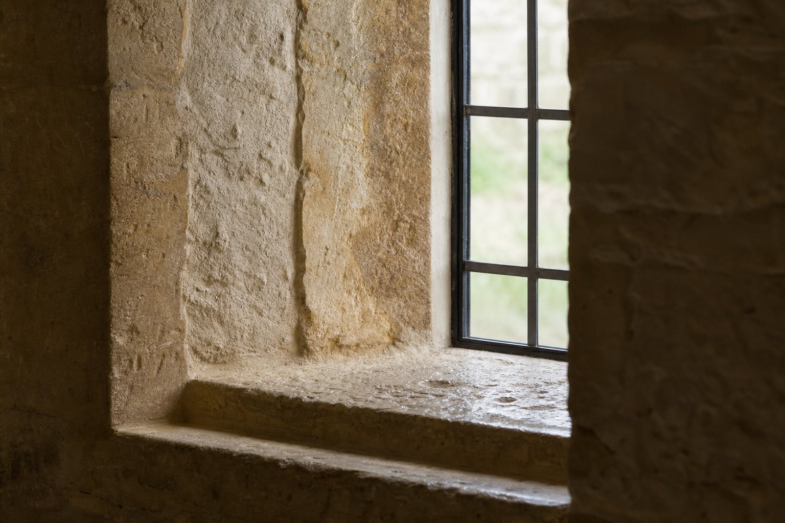 Detail of Cotswold stone window reveal in natural light