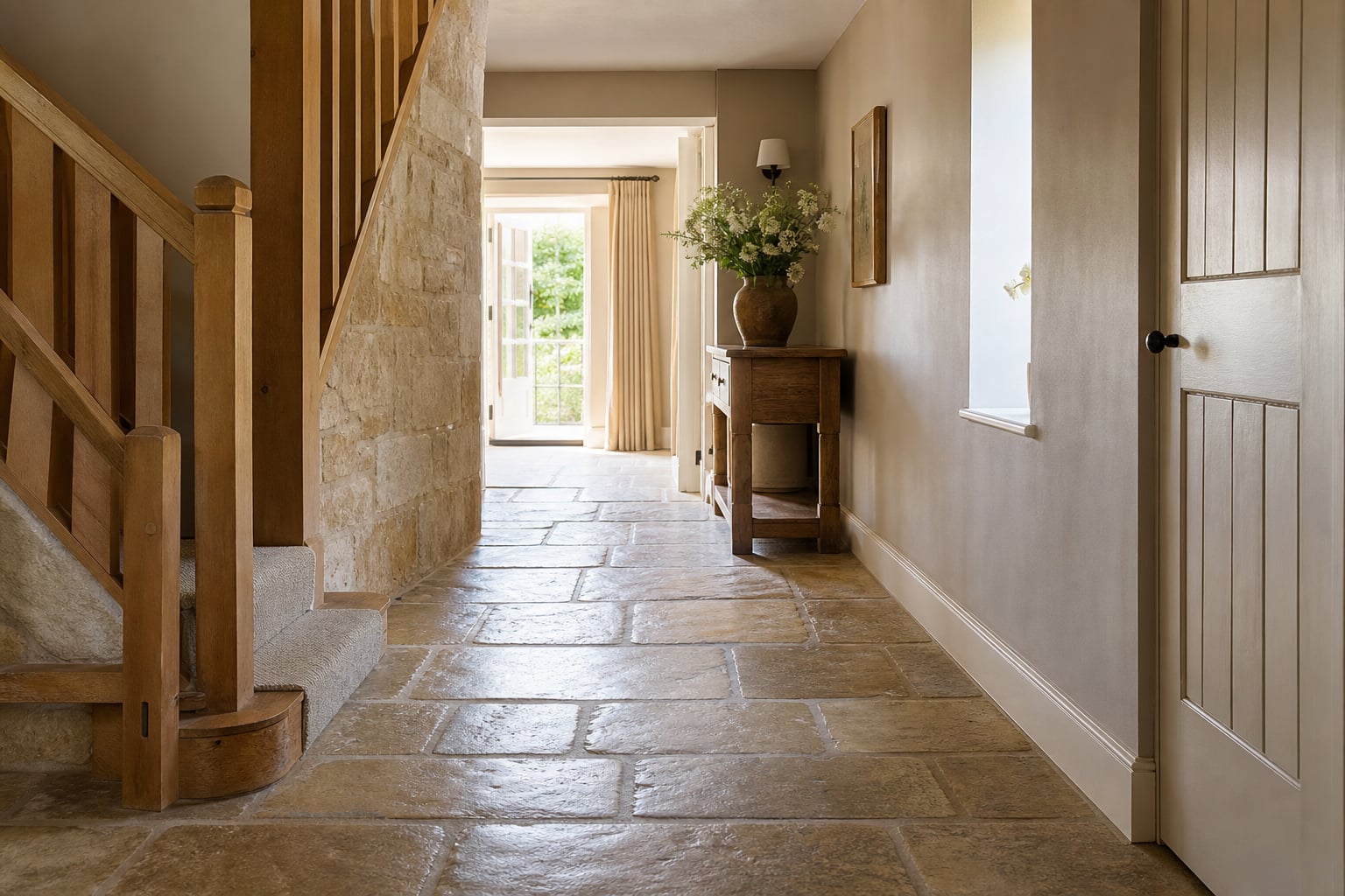 Bright Cotswold cottage hallway with stone floor and soft light