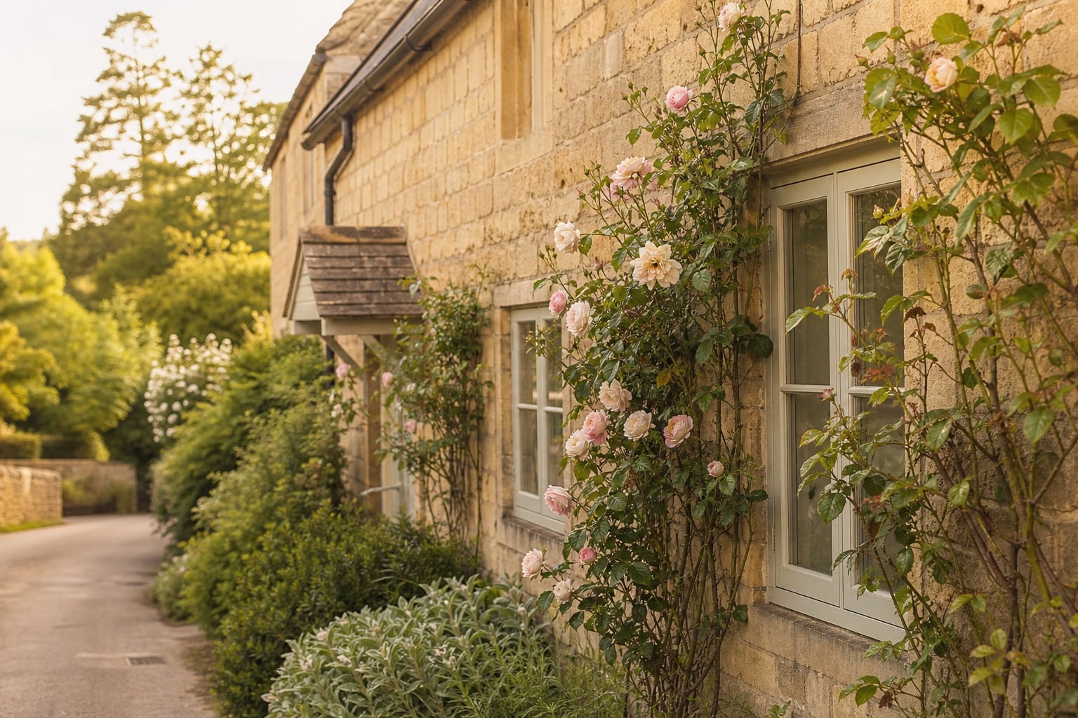 Honey limestone Cotswold holiday cottage in soft evening light