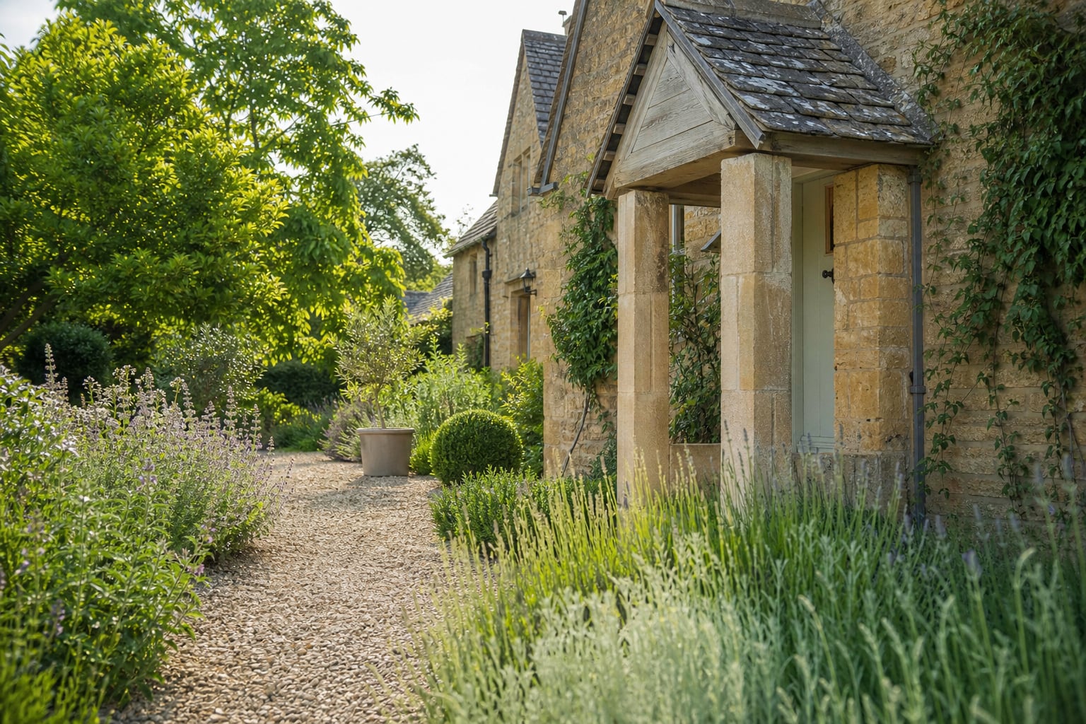 Cottage garden path with soft sage planting leading to a stone porch