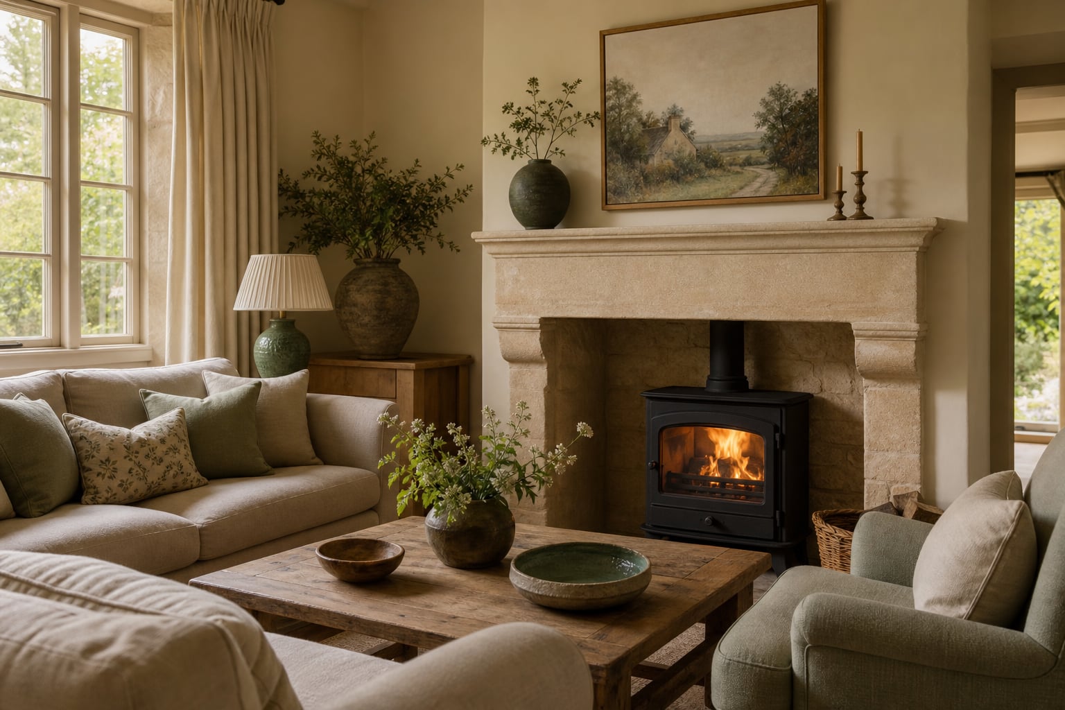 Warm greige Cotswold cottage sitting room with stone fireplace