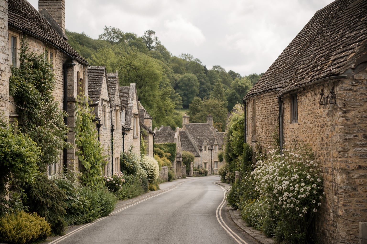 Quiet Cotswold village street of honey stone cottages