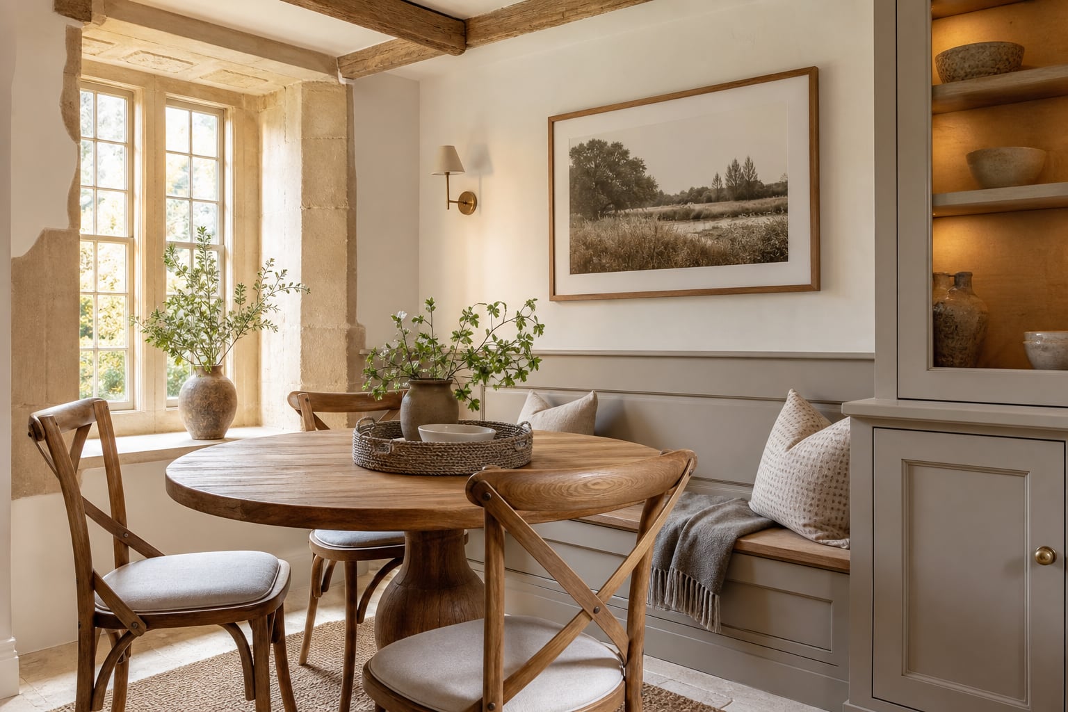 Sitting room with stone fireplace and greige textiles