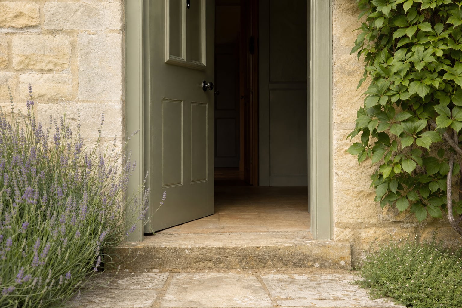 Front door and porch on Cotswold stone