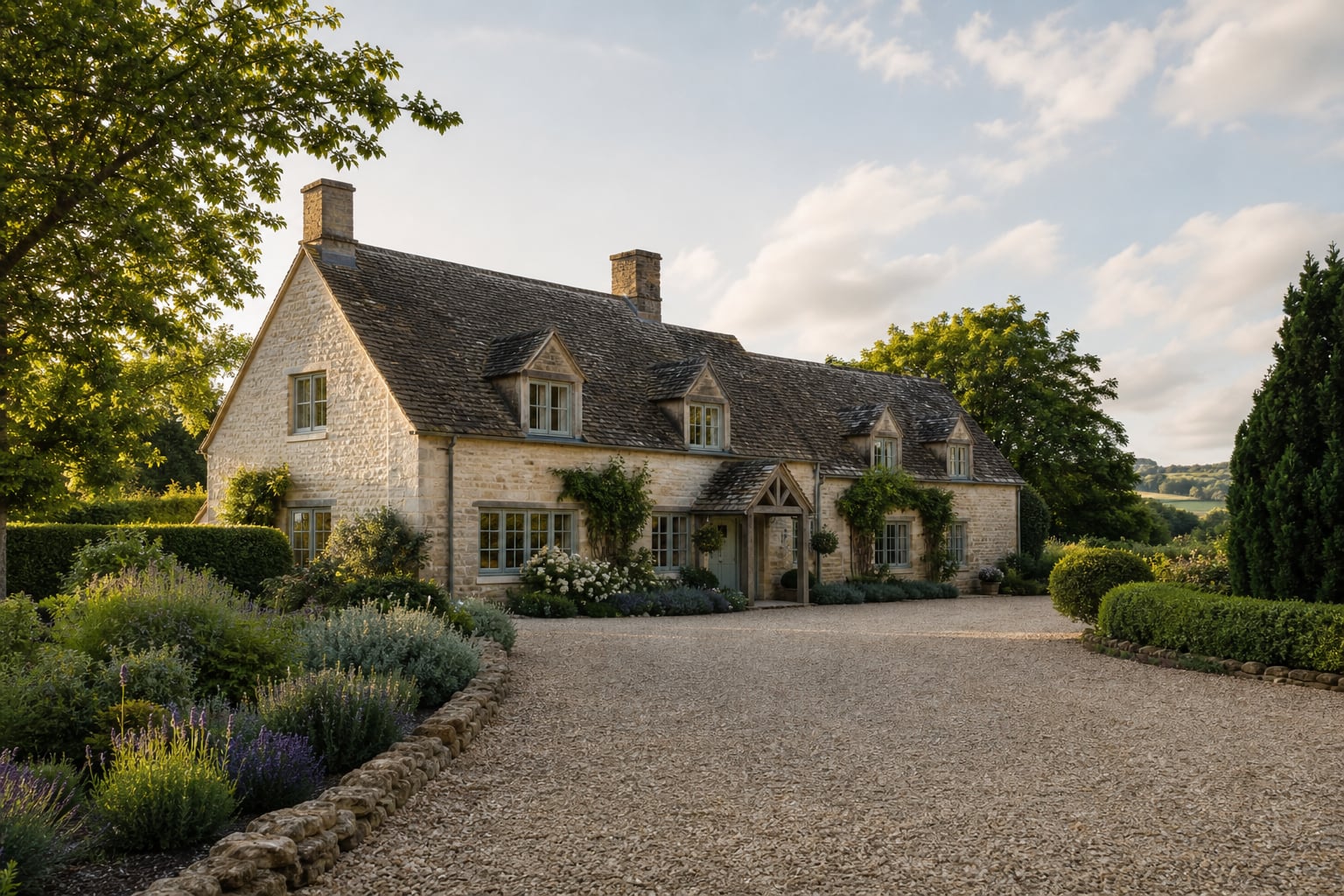 Wide establishing view of the Cotswold holiday cottage exterior