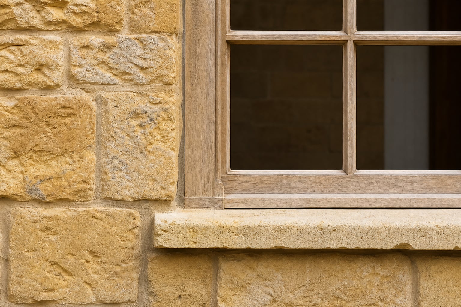 Detail of stone façade and window joinery in soft light