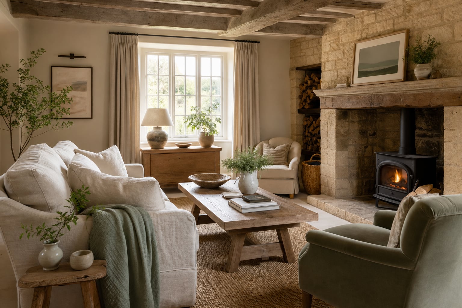 Warm greige sitting room with stone fireplace