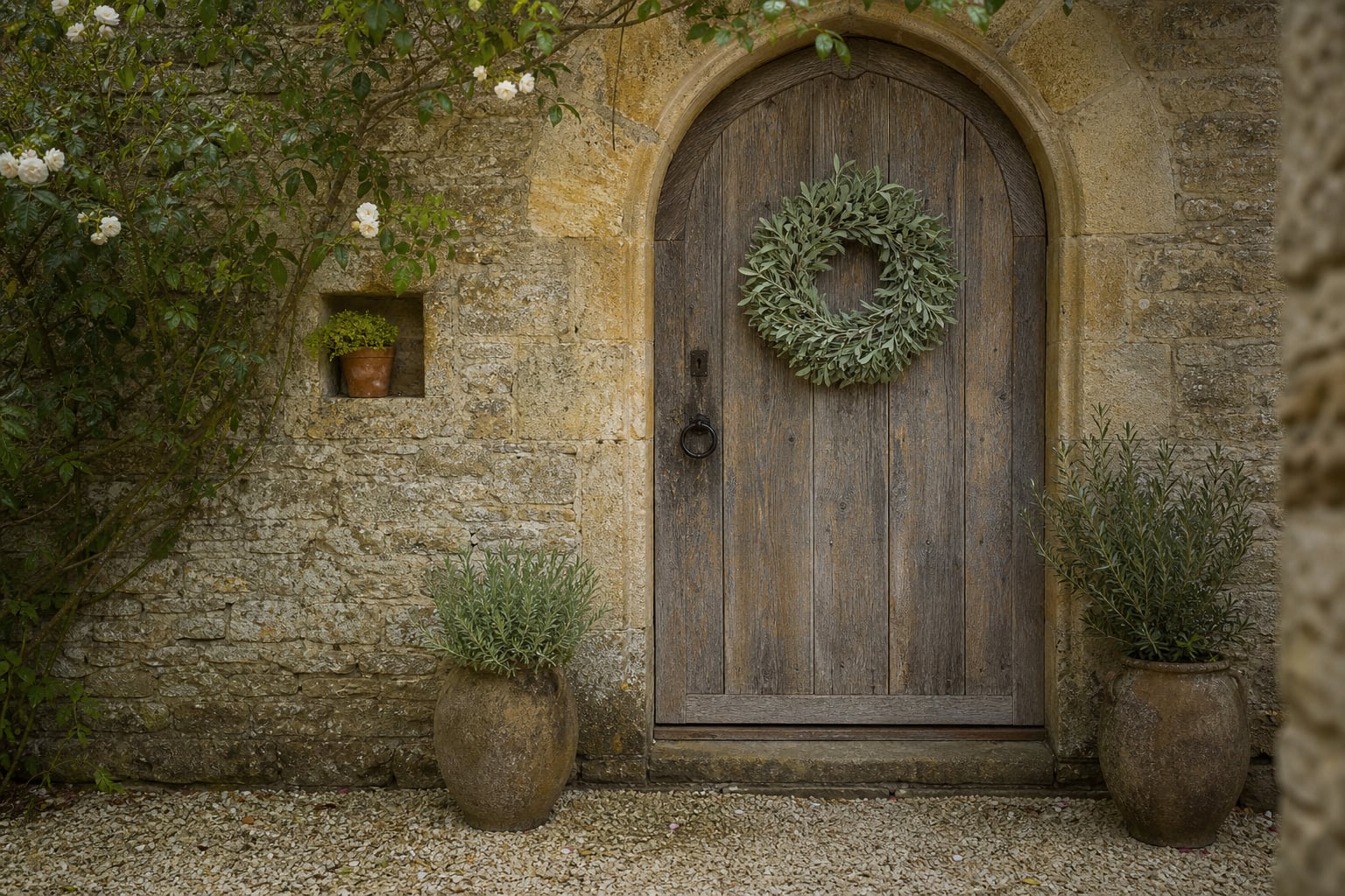 Threshold and porch detail on honey limestone