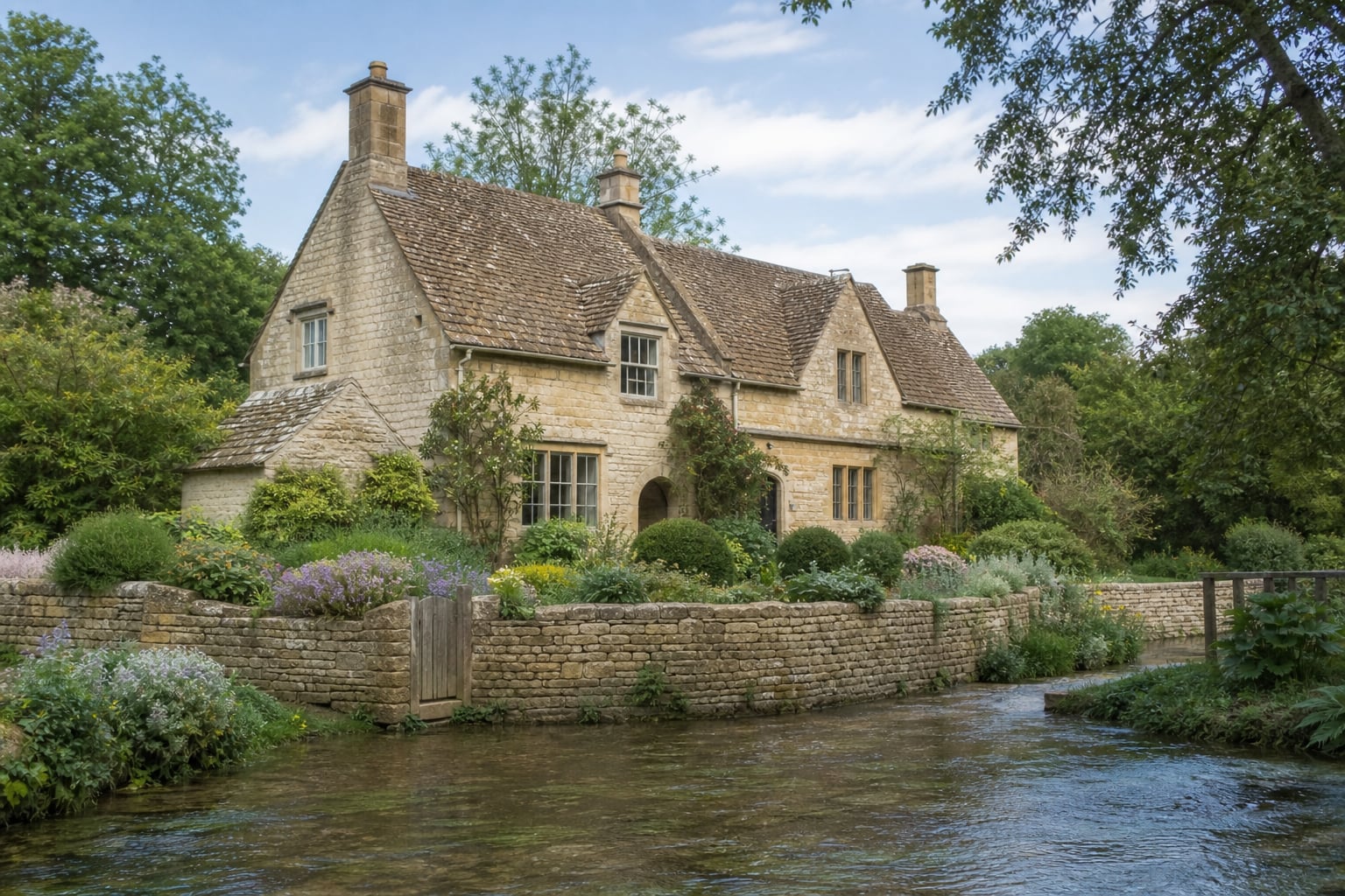 Bourton-area holiday cottage exterior beside the water